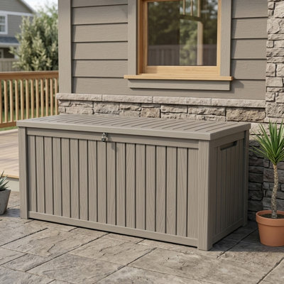 210 Gallon Durable resin outdoor storage deck box with waterproof uv-resistant design, ideal for patio cushions, pool toys and garden tools, Gray
