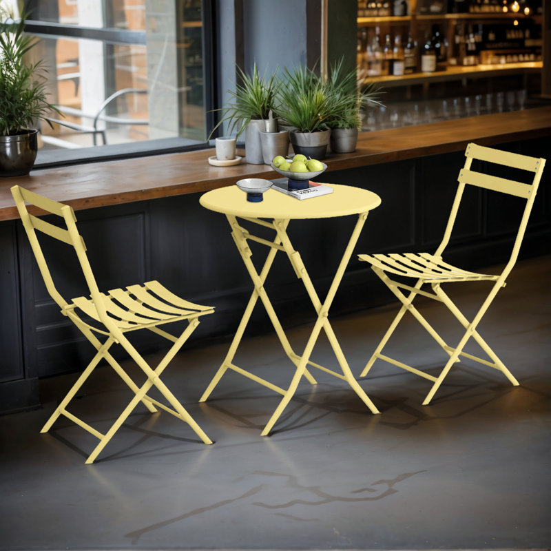 Iron Table And Folding Chair Set,2 - Person Round Outdoor Dining Set, Yellow