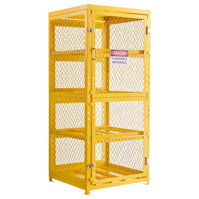 Armoire de rangement à cylindre horizontal, L 30 po x l 30 po x H 70,3 po, capacité de 8 cylindres, cage de rangement au propane à 4 niveaux, avec serrure et clés, acier au carbone thermolaqué jaune, pour le propane, l'oxygène et l'azote