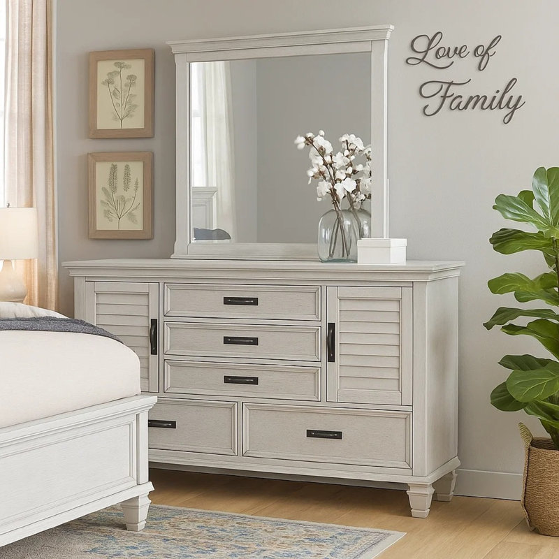 Commode large Eli avec miroir, 5 tiroirs et 2 armoires, blanc vieilli