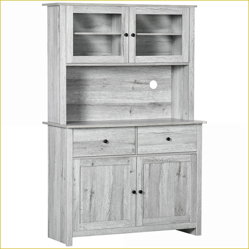 Buffet de cuisine avec huche, armoire de rangement gris ardoise 63,5 po avec micro-ondes, tablettes, tiroirs | Bois d'ingénierie | Pavillon rustique
