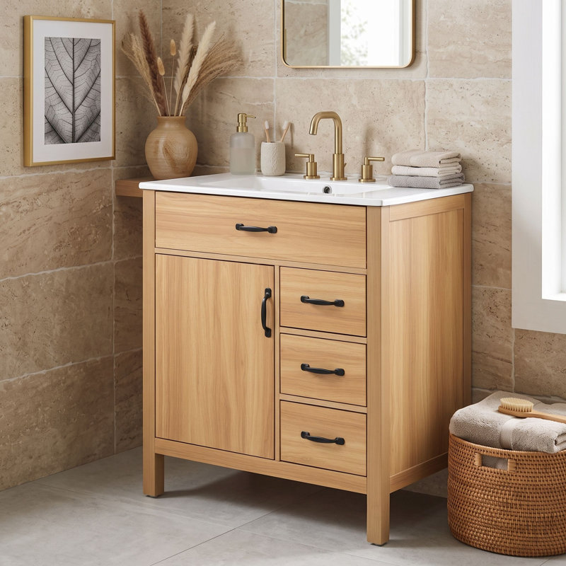 Meuble-lavabo autoportant avec lavabo en céramique, porte et tiroirs à fermeture en douceur, tiroir rabattable et support de rangement pour porte