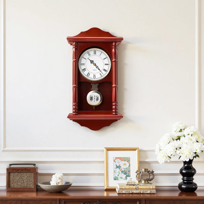 Horloge grand-père, horloge murale classique de 18 po, horloges murales en bois de pin et en panneau de fibres à densité moyenne avec mouvement à quartz et design silencieux, pour le salon, la chambre à coucher, la décoration intérieure et les cadeaux (finition cerise)