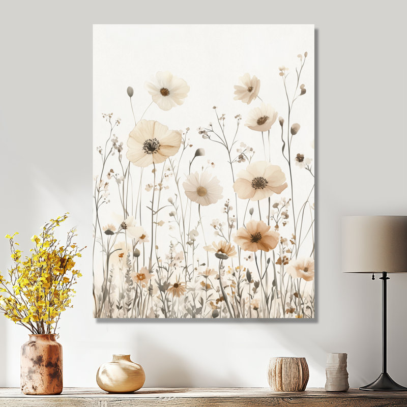Décoration murale neutre champ de fleurs sauvages I - prairie beige, H 32 po x l 16 po, Toile tendue