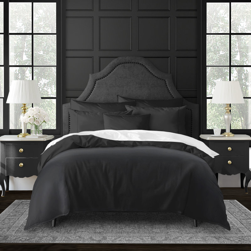 Ensemble d'édredon en coton standard 6 pièces Everleigh, Noir, Édredon grand super + 5 pièces supplémentaires