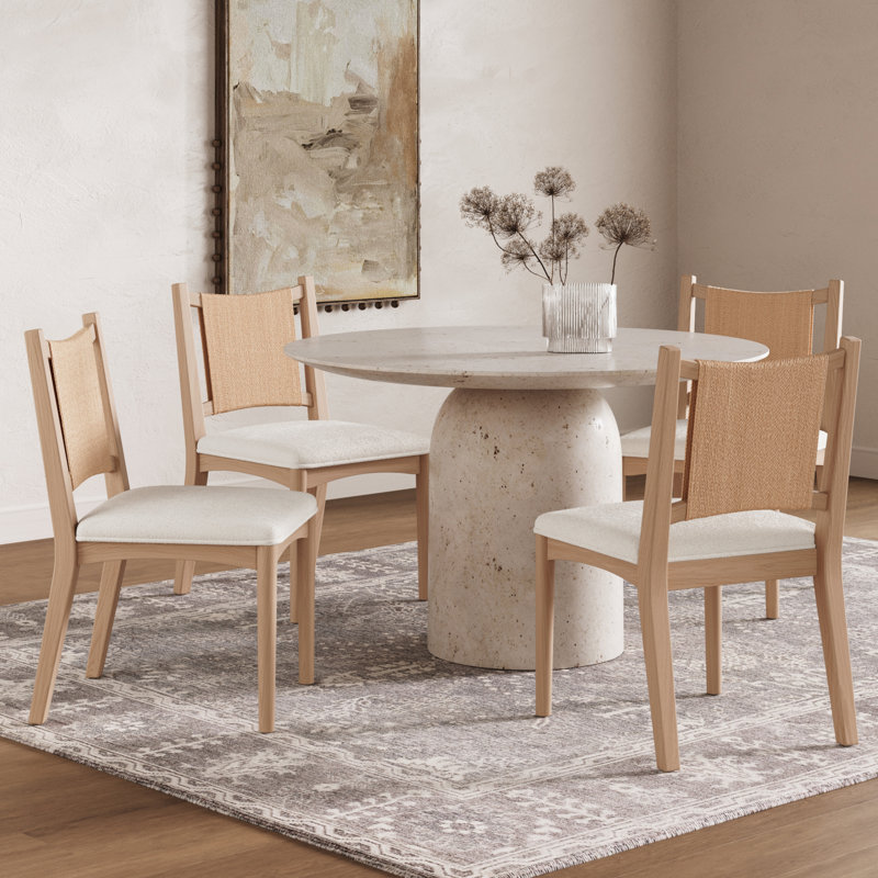 Chaises de salle à manger rembourrées en chêne brut, dossier en jonc de mer et siège en bouclette, ensemble de 4, 4