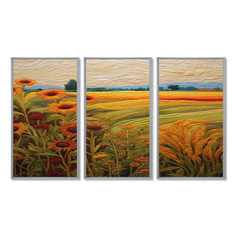 Tournesols par le pré vert - ensemble de décoration murale prairie, Encadrement argenté, H 32 po x l 48 po x P 1 po