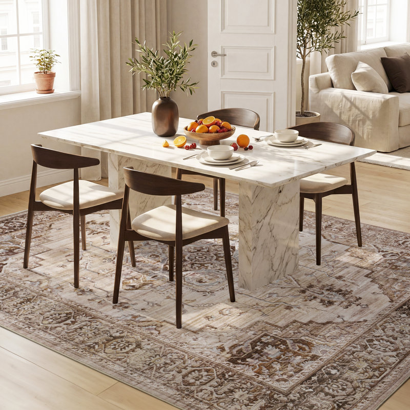 Soft Machine Washable Vintage Distressed Medallion Area Rug For Living Room, Bedroom With Non-Slip Backing In Taupe/Brown