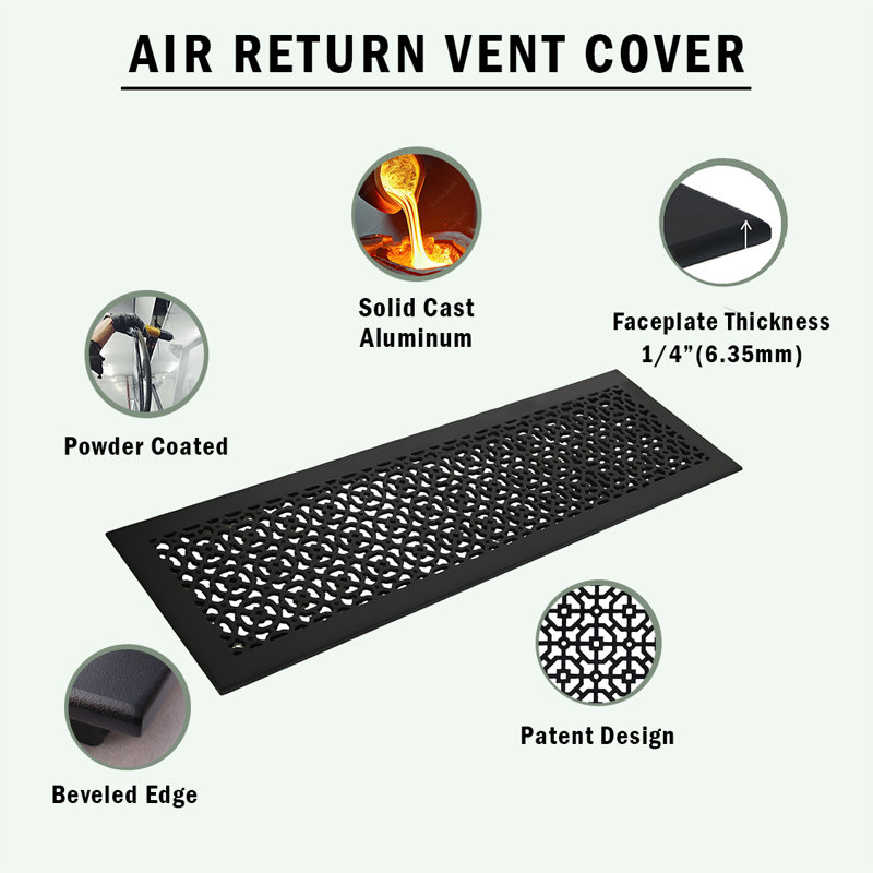 Ouverture de conduit AIR RETOUR 4 po x 10 po | Grille d'air lourde en fonte d'aluminium (6 po x 12 po au total) | Thermolaqué
