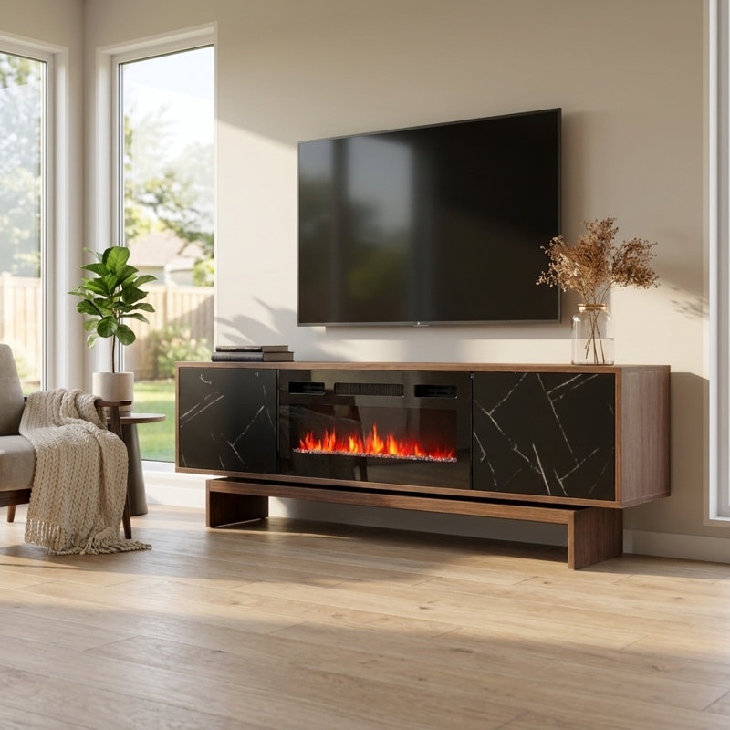 Calab 70.9" Modern TV Stand with Electric Fireplace, Matte Finish, Media Storage, Walnut/Black