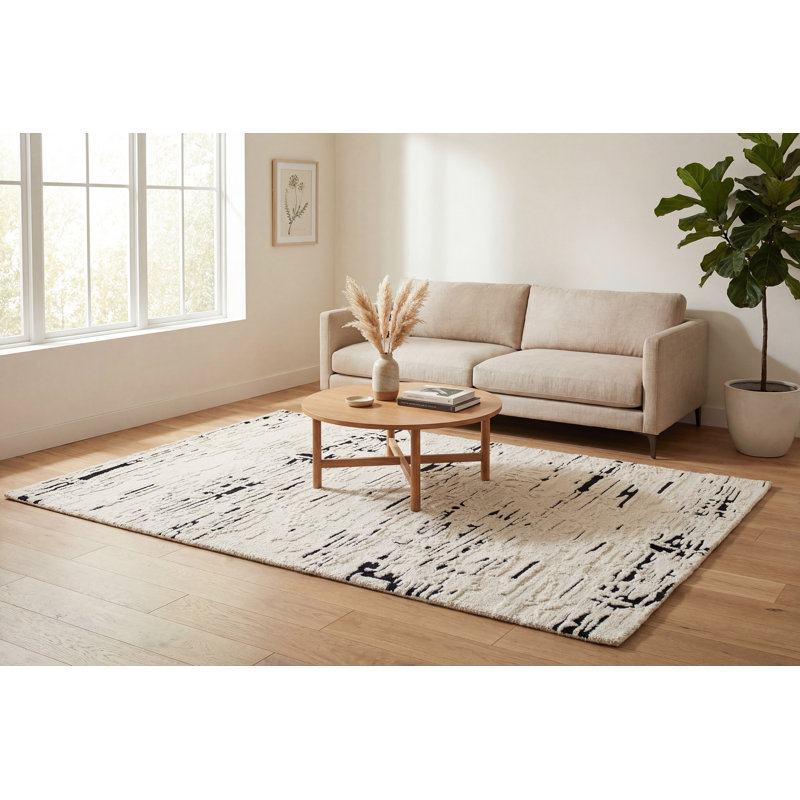 Tapis abstrait noir / blanc en laine tissé à la main, Rectangle 9 pi x 12 pi