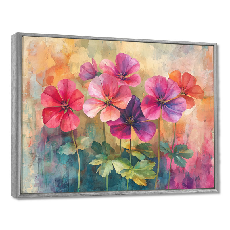 Neon Geranium Fields Pop Art II - Geraniums, art mural sur toile, Argent argent, Cadre flottant, H 24 po x l 32 po