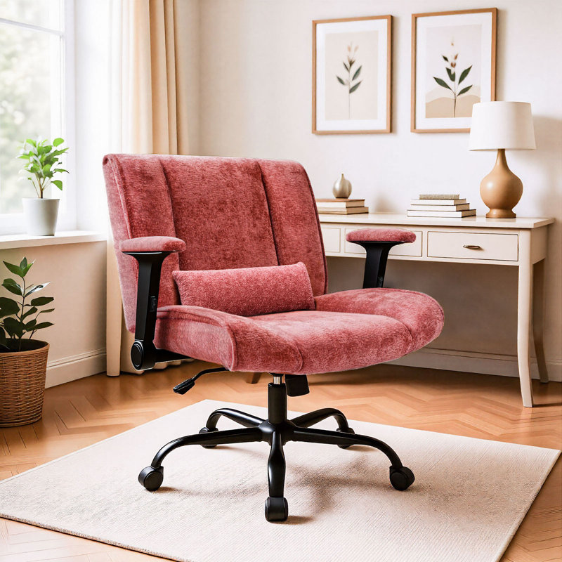   Upholstered High - Back Office Chair With Lumbar Pillow Cross Legged, Red