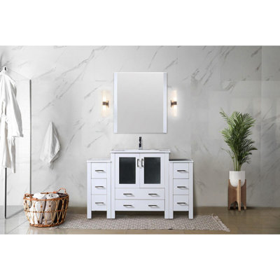 White Single Bath Vanity 54 In. W, 18.25 D, Soft - Close Drawer System, Ceramic Top With Long Lasting Appearance Wide For Bathing, Side Cabinets, 28 Mirror, Wood Main Body