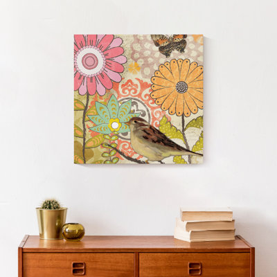Médaillons de fleurs avec oiseaux sur toile