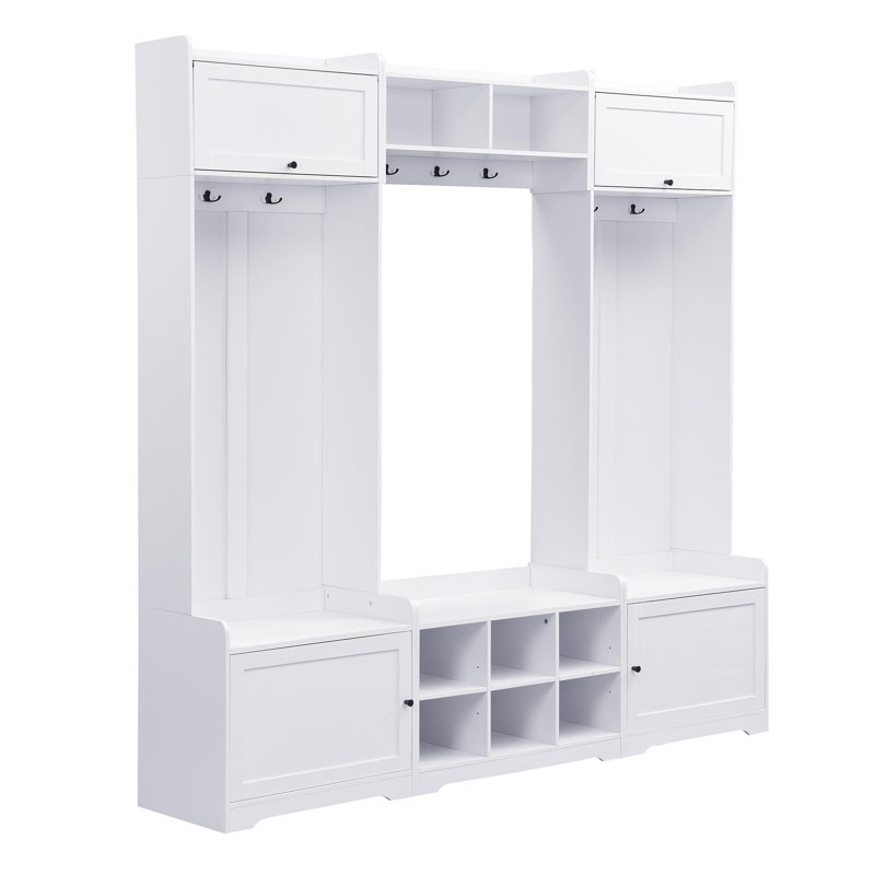 79.1''Wide Modern Hall Tree With Shoe Storage, 4-In-1 Entryway Bench With 8 Cubbies, 7 Coat Hooks & Adjustable Shelf For Hallway, Living Room, White