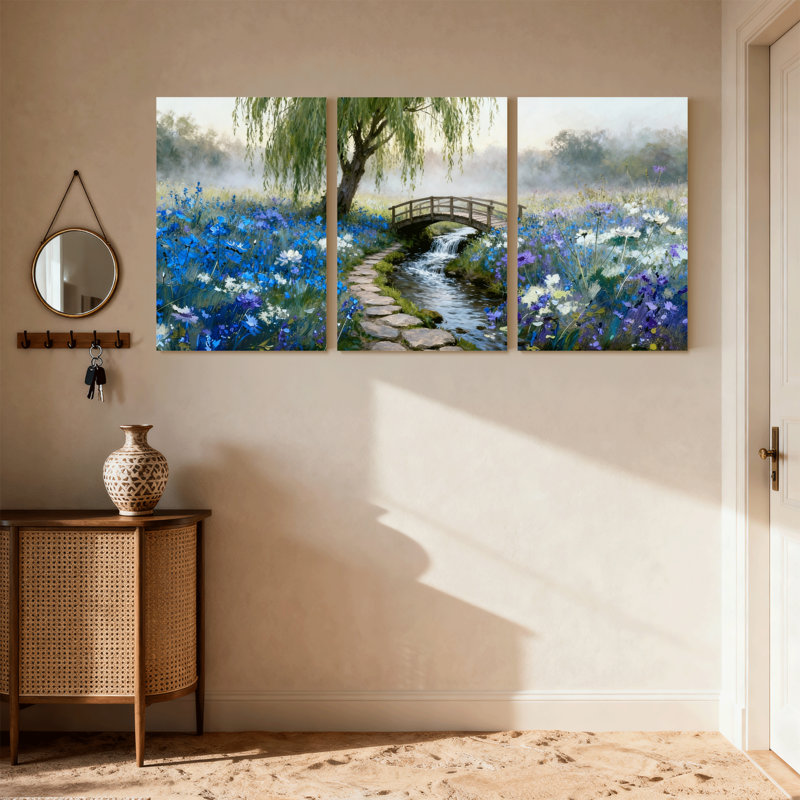 Assortiment de bouquets de fleurs, pont de jardin, ruisseau, saule, réflexion, ensemble de 3 impressions sur toile