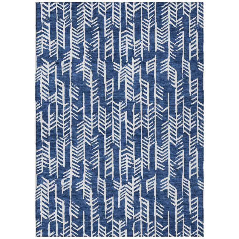 3' X 5' Navy Blue And Ivory Tribal Washable Indoor Outdoor Area Rug