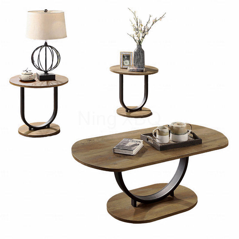 Table basse 3 pièces de style industriel avec base en U en acier 1 table basse ovale 2 tables de bout rondes et plateau en bois reproduit avec chêne rustique et noir sable