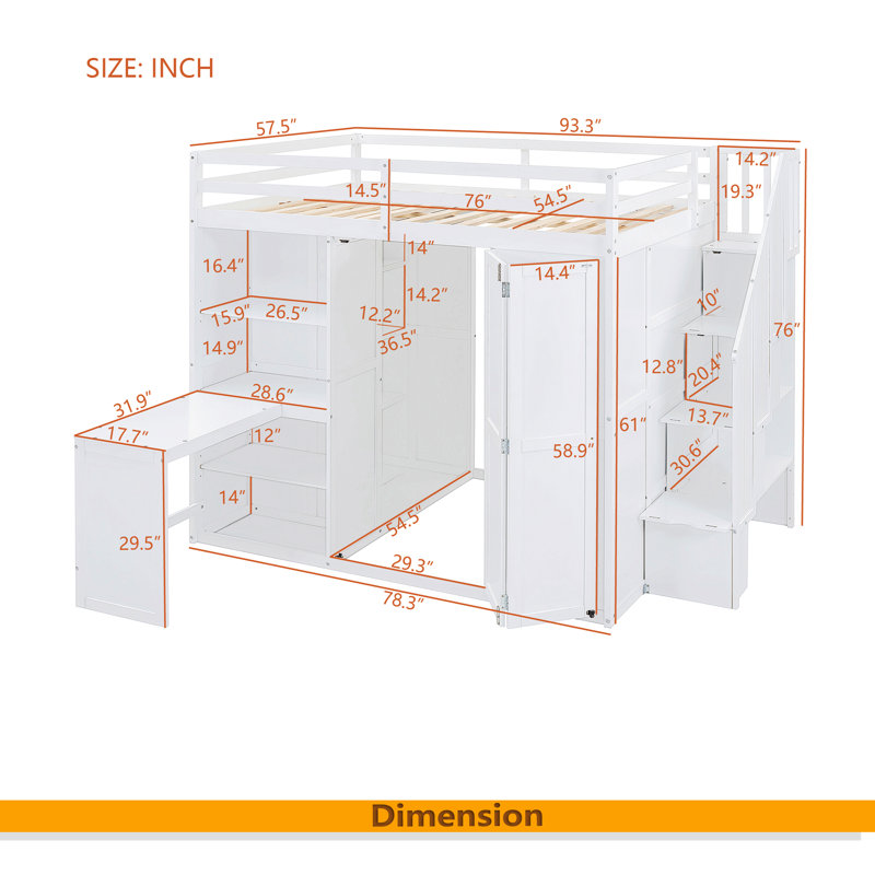 Lit mezzanine double avec garde-robe, bureau et tablettes, Blanc