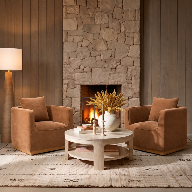 Fauteuil demi-tonneau pivotant moderne en bois massif avec coussin de dossier l 32,75 po Berklie, Caramel