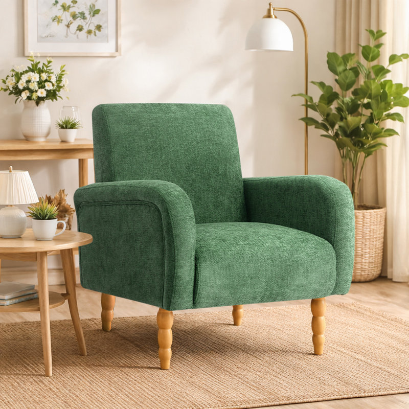 Upholstered Accent Armchair with Turned Solid Wood Legs, Green