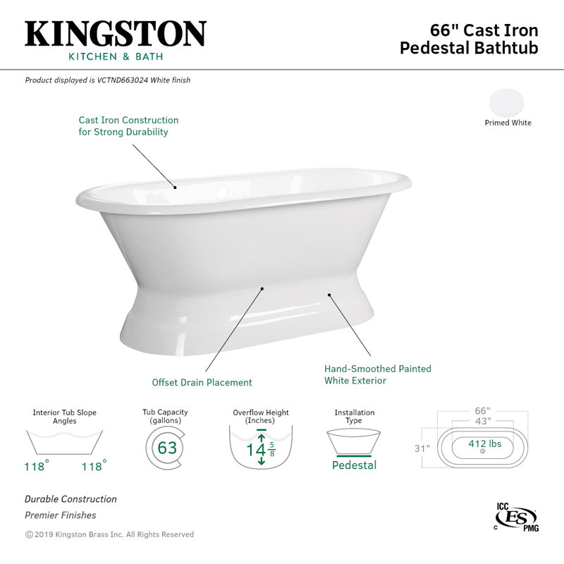Kingston Brass Aqua Eden 66-Inch Cast Iron Oval Double Ended Pedestal Tub (No Faucet Drillings)