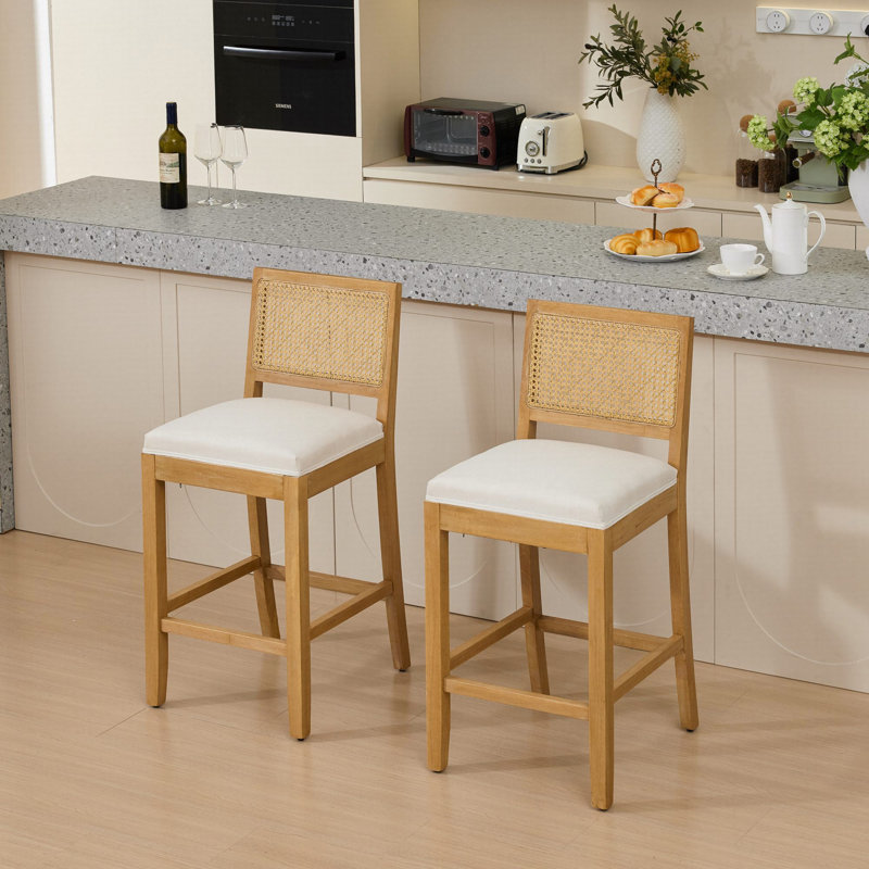 Tabouret de bar en bois massif à dossier en rotin avec coussin en mousse haute résilience, idéal pour un décor de style rustique et naturel, ensemble de 2
