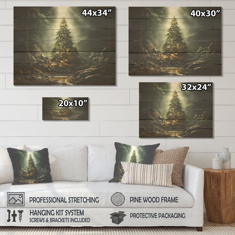 Arbre de Noël magique vert - paysage d'hiver sur bois, H 10 po x l 20 po