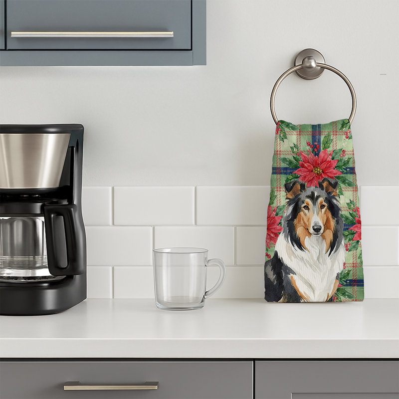 Tricolor Collie Christmas PoinsettIas Kitchen Towel, Black/White/Brown Collie