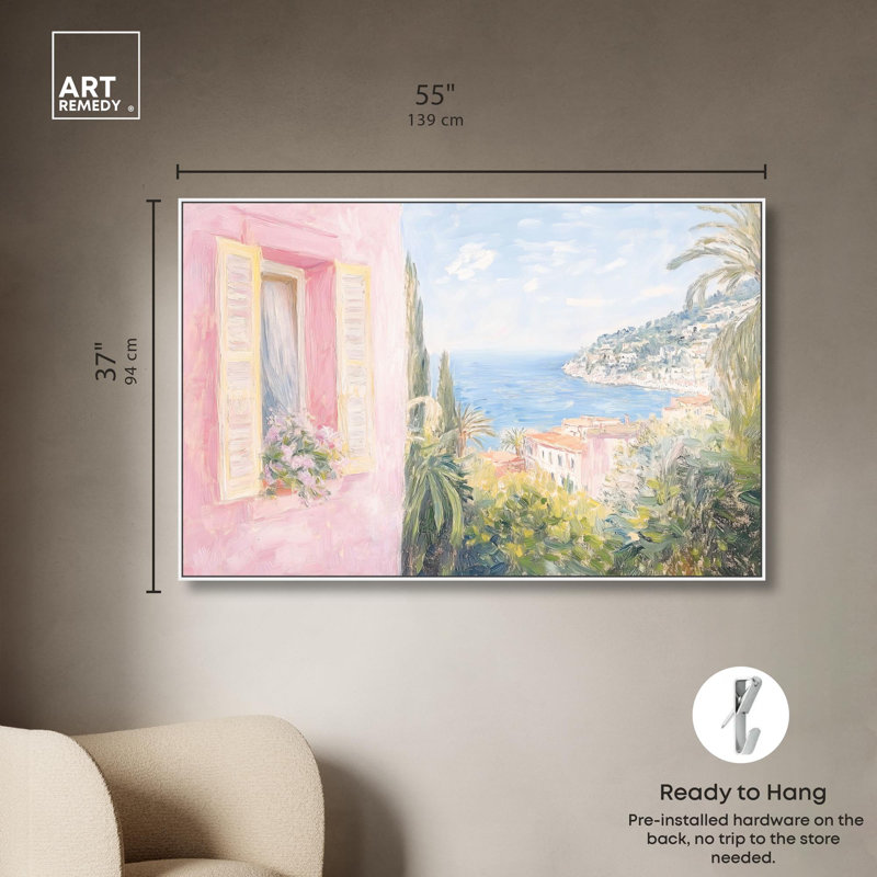 Toile rose méditerranéen par Art Remedy, H 37 po x l 55 po, Blanc, Cadre flottant