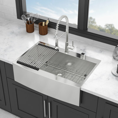 33 Inch Drop In Apron Front Kitchen Sink, 16 Gauge 304 Stainless Steel, X - Shaped Water Guide For Smooth Disposal, R10 Rounded Corner Extra Working Room, Condensation Coating, 3Mm Pad, Comes With