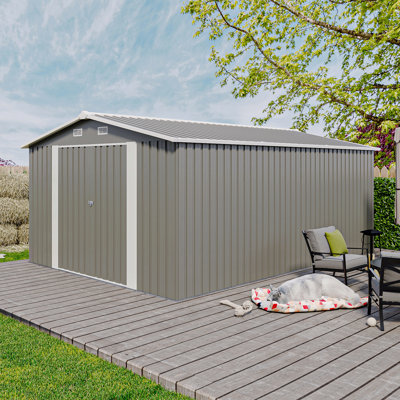 Outdoor Shed - 10x14 FT Outdoor Metal Storage Shed with 3 Lockable Doors