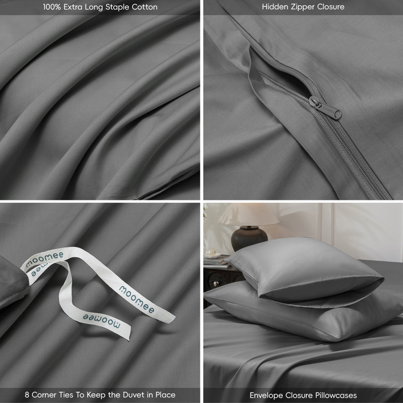 MooMee Duvet Cover Set Silky Sateen Look Luxury Sheen Zipper Closure & 8 Interior Ties 100% Long-Staple Cotton 600TC 