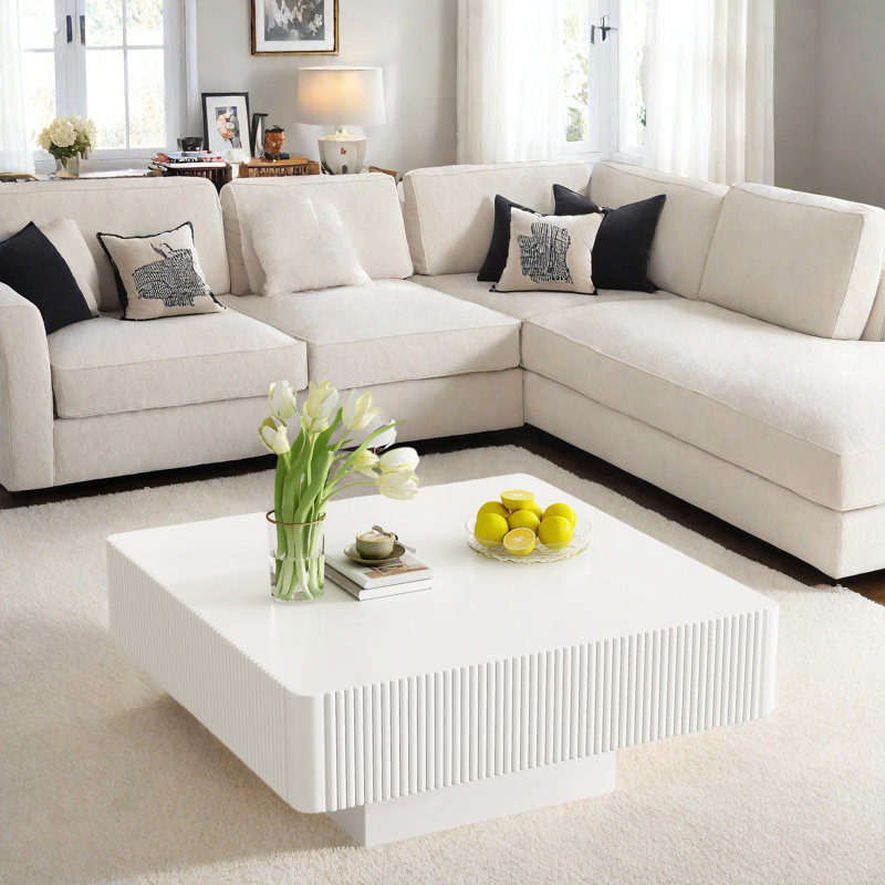 Table basse carrée élégante avec plateau épais et cannelé, Blanc