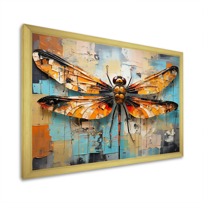 «Orange Dragonfly Insectes Flight Collage I», reproduction sur toile, H 12 po x l 20 po x P 1 po, Encadrement doré