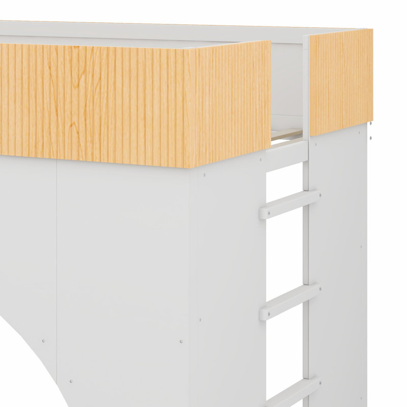 Lit superposé avec éclairage DEL et structure renforcée pour chambres d'enfants modernes, Lit double, White+Natural
