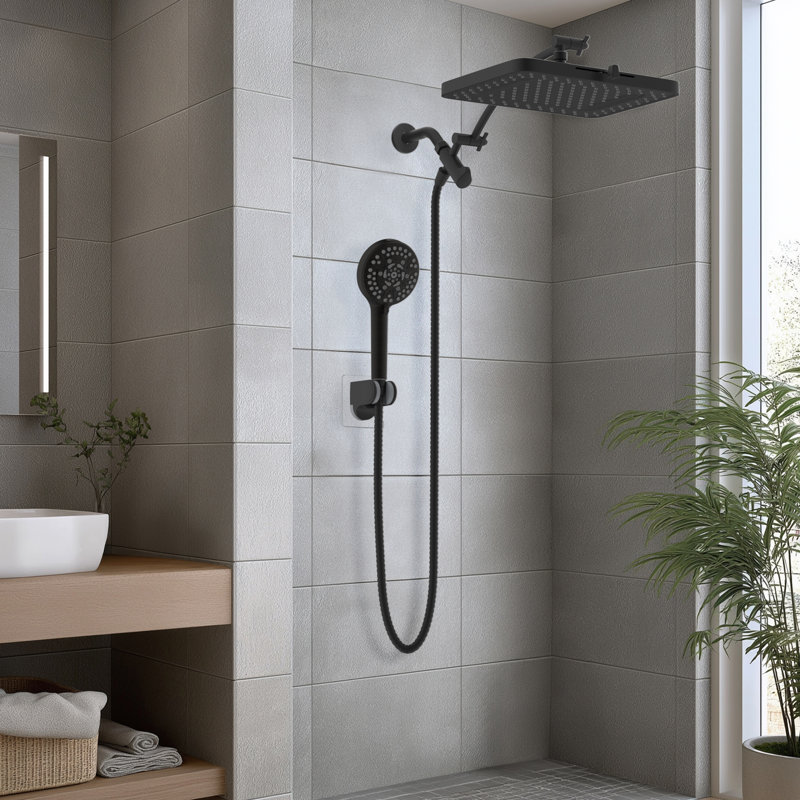 cUPC Certified High Pressure 13-inch Rainfall Shower Head/ Handheld Shower Combo with 10-setting Handheld Sprayer, 12-inch Curved adjustable curved extension arm, 71-inch Stainless Steel Shower Hose, Matte Black