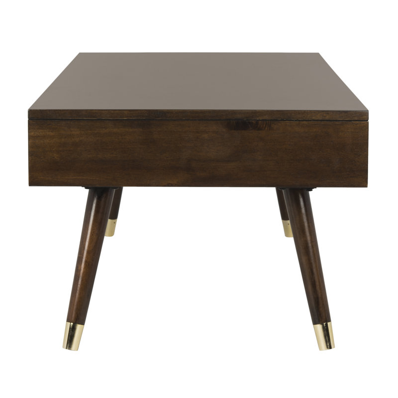 Transitional Mid-Century 48" Brown Wood Coffee Table with Gold Caps