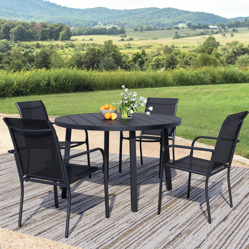 5-Piece Outdoor Dining Set, Round Metal Table With 4 Black Chairs, Black Patio Table With Umbrella Hole For Garden, Yard, Patio