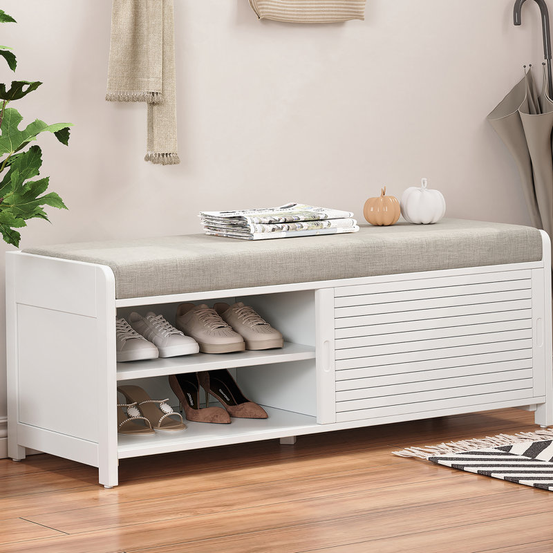 Banc de rangement à volets vieillis avec placage d'acacia pour le charme rétro du salon, entrée (blanc), Blanc
