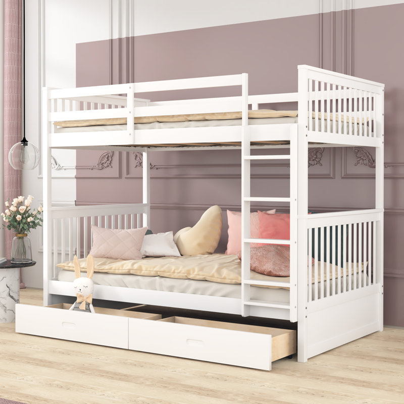 Felske Kids Bunk Bed with Drawers, White,  Twin over Twin