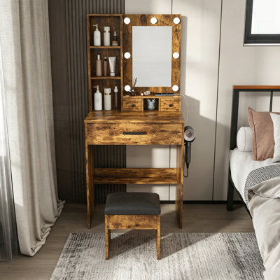 Table de coiffeuse compacte avec lumières DEL réglables, prise de courant, support pour sèche-cheveux et tabouret pour les petites chambres