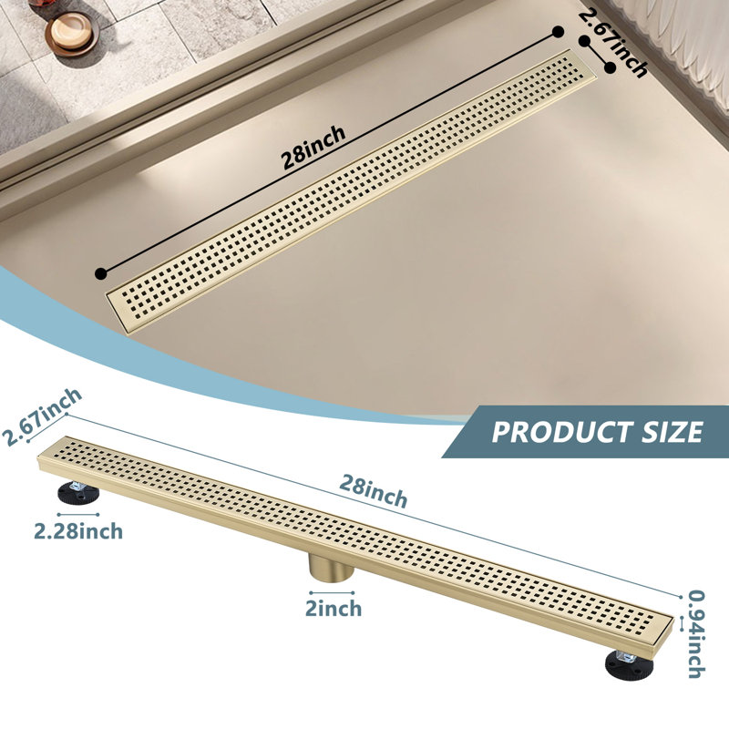 Linear Shower Drain With Quadrato Pattern Grate,304 Stainless Steel Rectangle Shower Floor Drain,With Leveling Feet,Hair Strainer