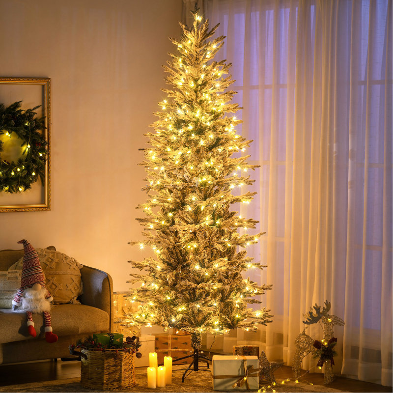 Arbre de Noël artificiel 7,5 pi avec 7,5 branches de neige floquées, 350 lumières claires jaunes chaudes, ouverture automatique, ampoule supplémentaire