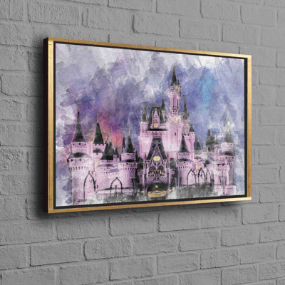 Art sur toile inspiré de Cendrillon mettant en vedette la conception abstraite du château, parfaite pour la décoration de chambre de fille et la décoration murale pour enfants Disney