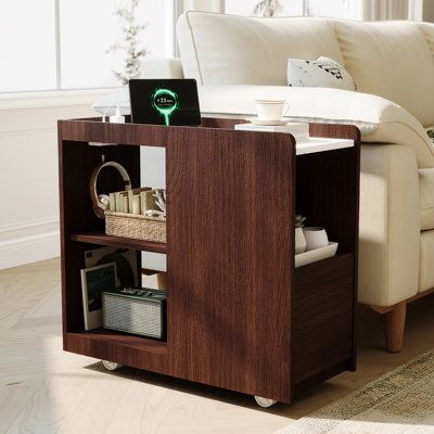 End Table with Charging Station and Drawer, Mobile Side Table with Adjustable Shelf and Lockable Wheels for Bedroom and Living Room
