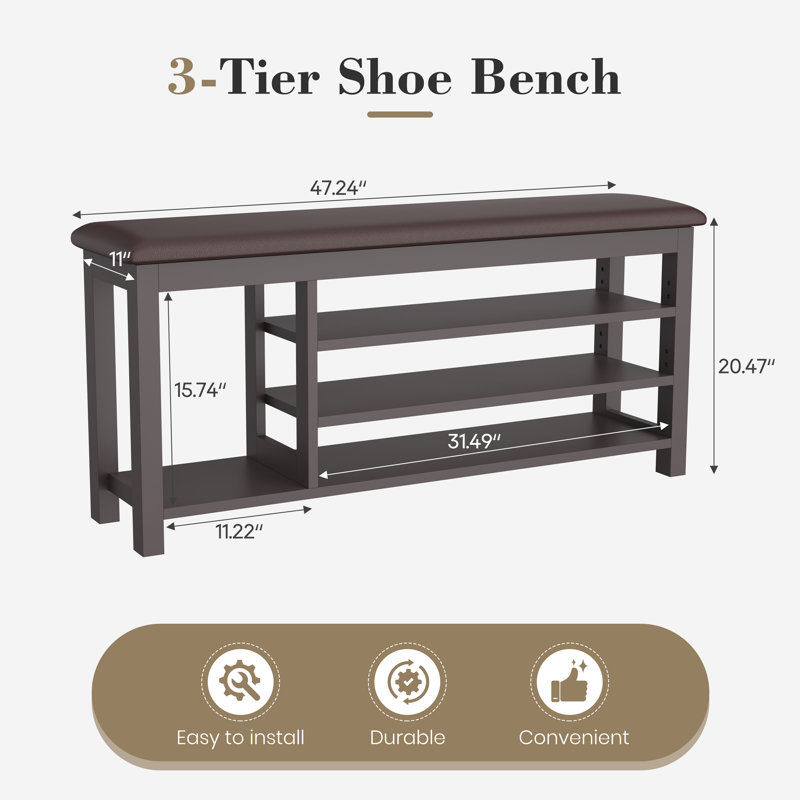 Shoe Rack Bench With Leather Cushion, Adjustable Height Shoe Storage Bench For Entryway, Rubberwood Shoe Rack Holds 12-18 Pairs, 3 Tiers Shoe Bench For Front Door Entrance Hallway, Mudroom