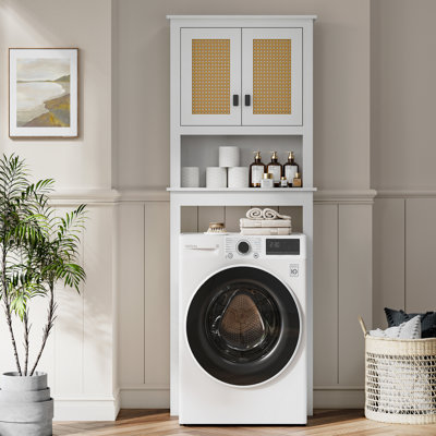 Armoire de rangement au-dessus de la toilette peu encombrante - Organisateur de salle de bain autoportant avec tablettes réglables et portes en rotin - Support de salle de bain en bois pour la lessive ou les toilettes, blanc