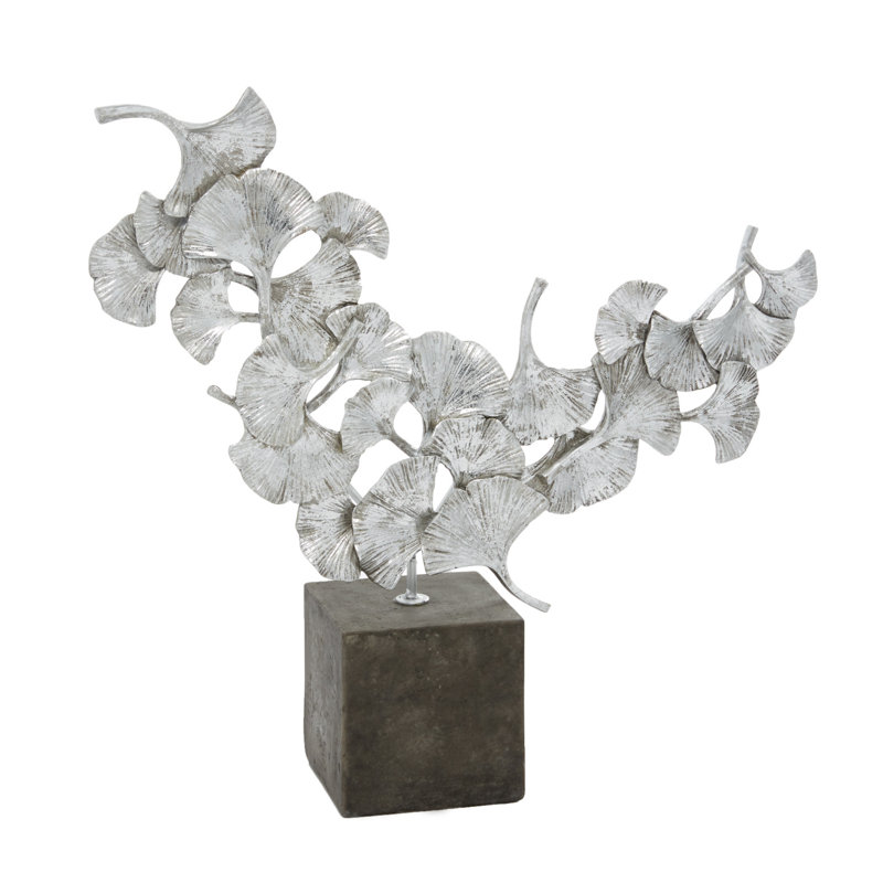 Sculpture florale faite à la main en polystone avec base en blocs noirs, Argent, H 17 po x l 17,7 po x P 4,4 po